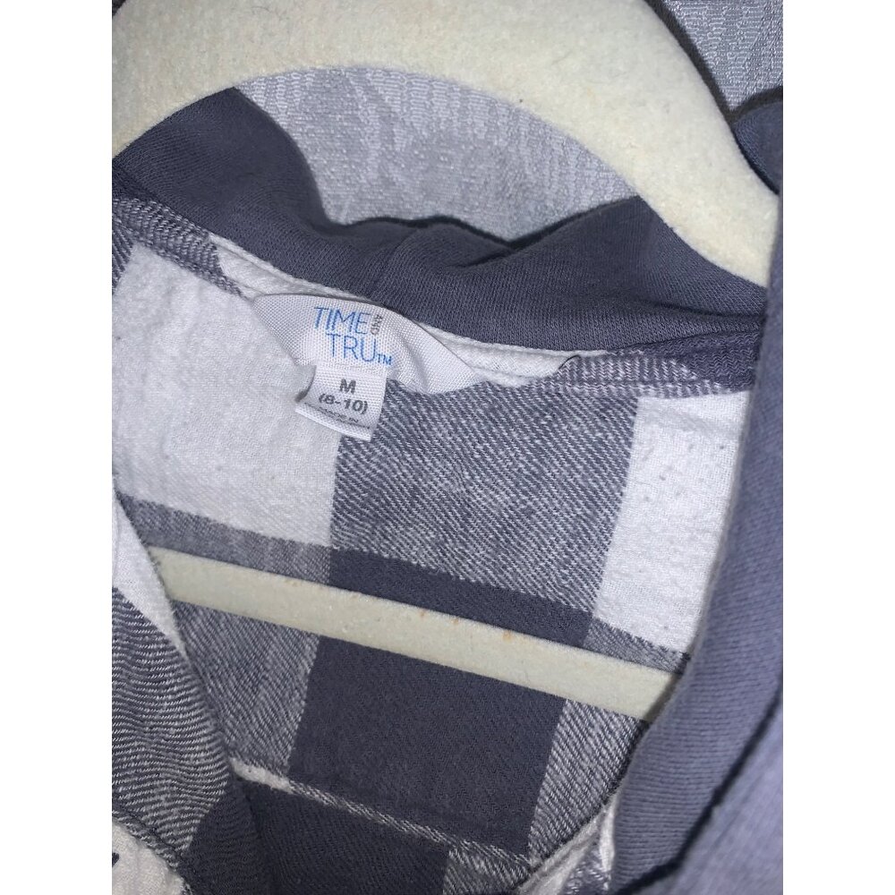 Time & Tru Womens Navy & White Plaid Button-Up Hoodie Shirt Size M (8-10)